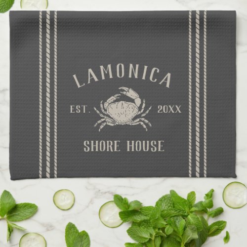 Charcoal Rustic Crab Personalized Shore House Kitchen Towel