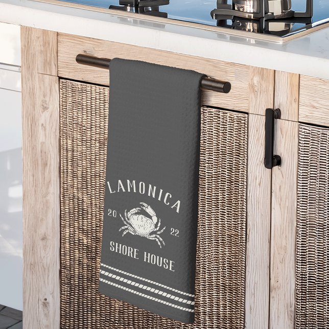 Charcoal Rustic Crab Personalized Shore House Kitchen Towel (Creator Uploaded)
