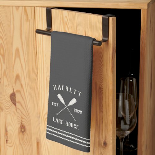 Charcoal Rustic Oars Personalized Lake House Kitchen Towel