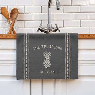 Charcoal Rustic Pineapple Personalized Kitchen Towel