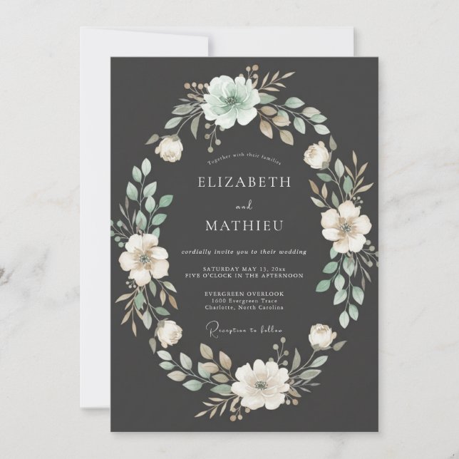 Charcoal Sage Leafy Wedding Invitation (Front)