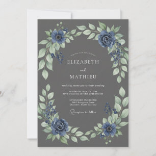 Charcoal Sapphire Foliage Eucalyptus Wedding Invitation