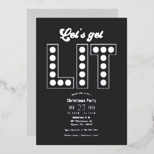 Charcoal Shine Let's Get Lit Retro Christmas Party Foil Invitation