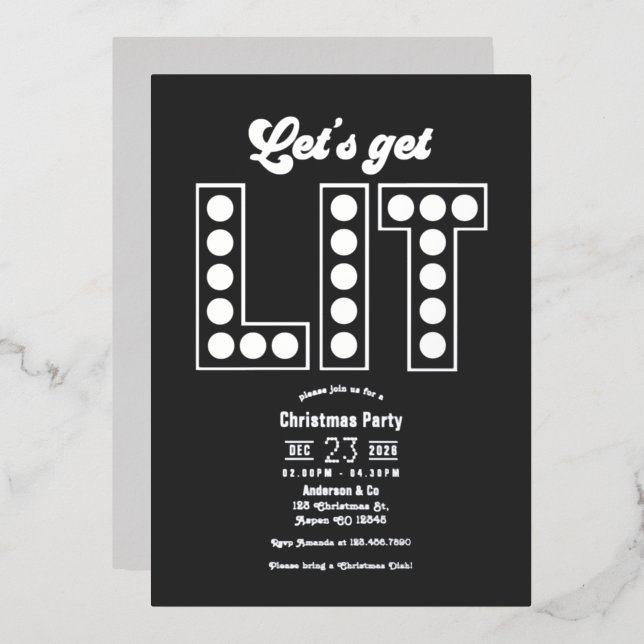 Charcoal Shine Let's Get Lit Retro Christmas Party Foil Invitation (Front/Back)