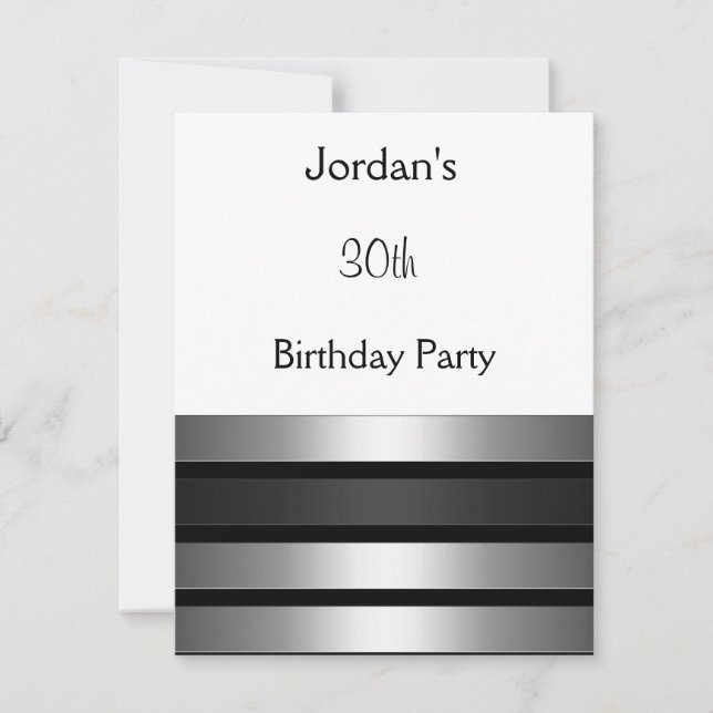Charcoal Silver Stripes White 30th Birthday Party Invitation (Front)