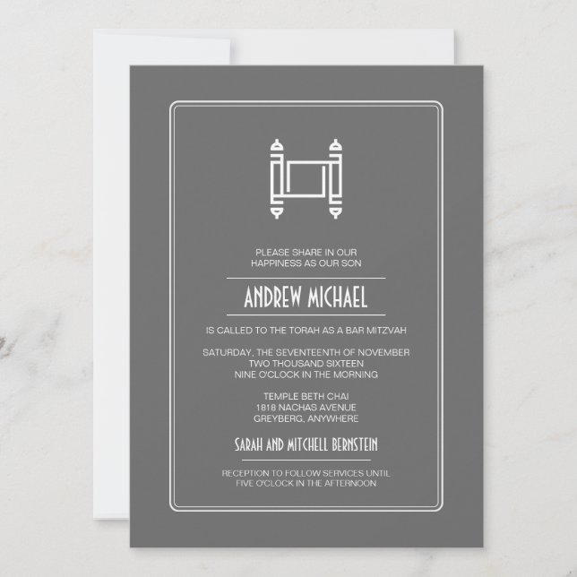 Charcoal Simple Torah Bar Mitzvah Invitation (Front)