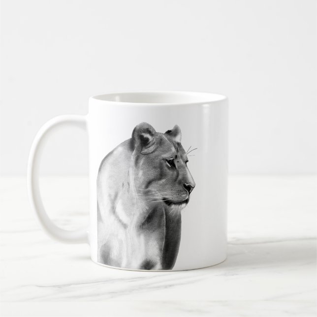Charcoal Sketch Lioness Female Lion Coffee Mug (Left)