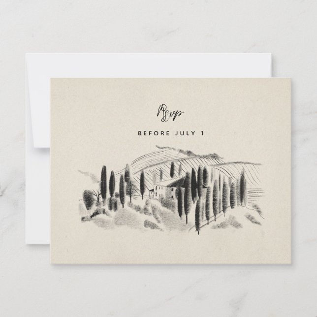 Charcoal Sketched Italian Winery Wedding RSVP Card (Front)