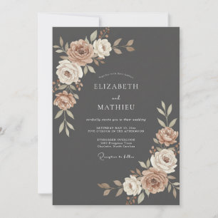 Charcoal Soft Cream Ranunculus Eucalyptus Wedding Invitation