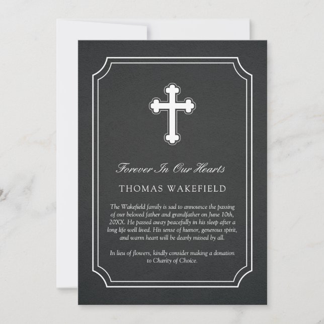 Charcoal Stone White Cross Memorial Announcement (Front)