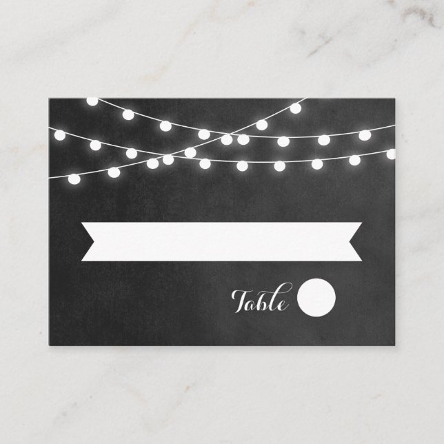 Charcoal String Lights Wedding Escort Cards (Front)