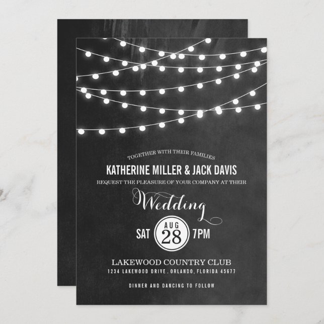 Charcoal String Lights Wedding Invitation (Front/Back)