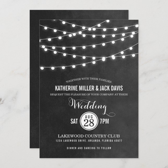 Charcoal String Lights Wedding Invitation (Front/Back)