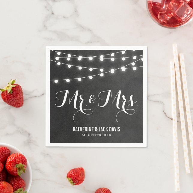 Charcoal String Lights Wedding Monogram Paper Napkins (Insitu)