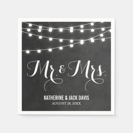 Charcoal String Lights Wedding Monogram Paper Napkins