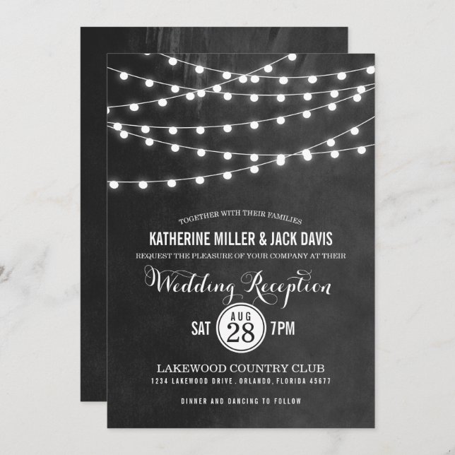 Charcoal String Lights Wedding Reception Invite (Front/Back)