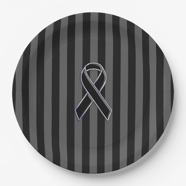 Charcoal Stripes Style Black Ribbon Awareness Paper Plates (Front)