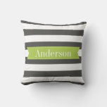 Charcoal Stripes With Lime Custom Monogram Throw Pillow at Zazzle