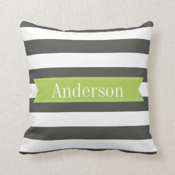 Charcoal Stripes With Lime Custom Monogram Throw Pillow by thepetitepear at Zazzle