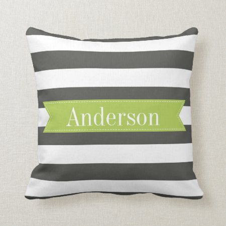 Charcoal Stripes With Lime Custom Monogram Throw Pillow
