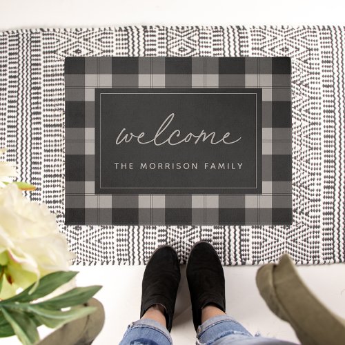 Charcoal  Tan Plaid Personalized Welcome Doormat