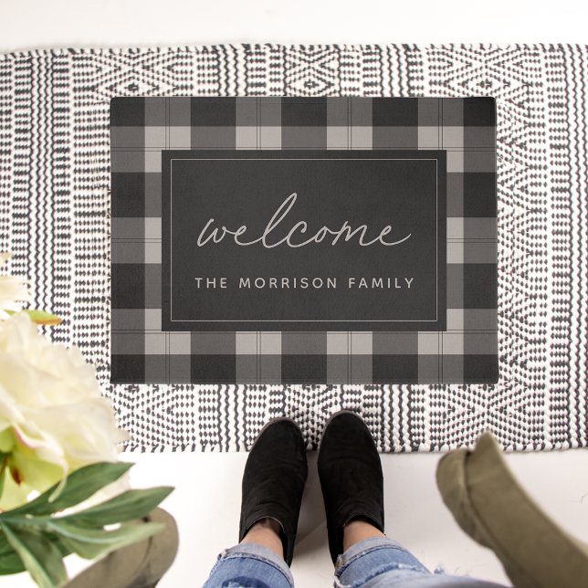 Charcoal & Tan Plaid Personalized Welcome Doormat (Creator Uploaded)
