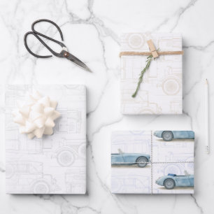 Charcoal Taupe & Slate Vintage Car Toile de Jouy Wrapping Paper Sheets