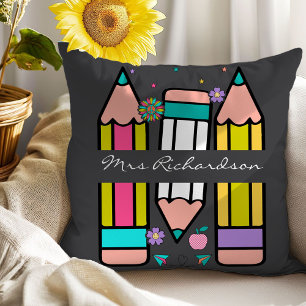 Charcoal Teacher Colorful Pencil Name Throw Pillow