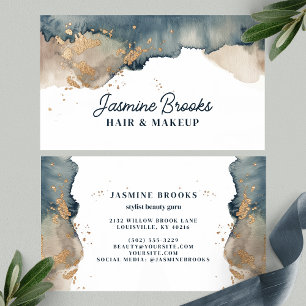 Charcoal Teal and Gold Watercolor  Business Card