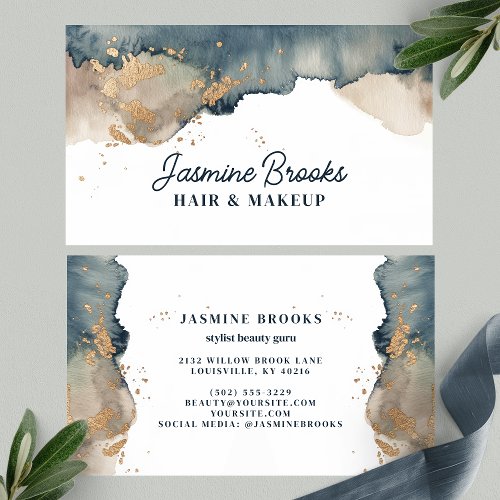 Charcoal Teal And Gold Watercolor Business Card