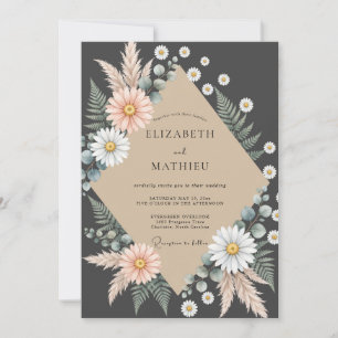 Charcoal Terracotta Daisy Eucalyptus Wedding Invitation