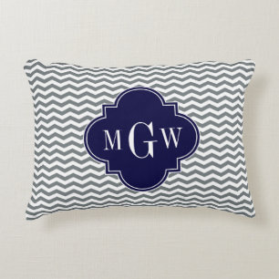 Charcoal Thin Chevron Navy Quatrefoil 3 Monogram Accent Pillow