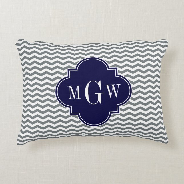 Charcoal Thin Chevron Navy Quatrefoil 3 Monogram Accent Pillow (Front)