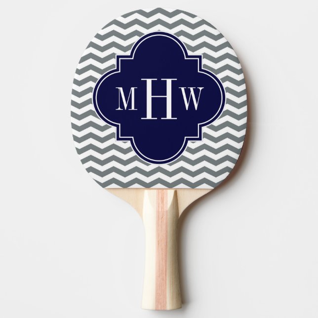 Charcoal Thin Chevron Navy Quatrefoil 3 Monogram Ping-Pong Paddle (Front)