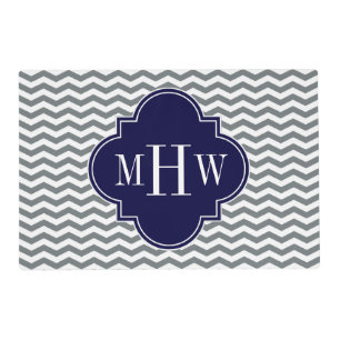 Charcoal Thin Chevron Navy Quatrefoil 3 Monogram Placemat