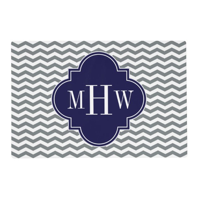 Charcoal Thin Chevron Navy Quatrefoil 3 Monogram Placemat (Front)
