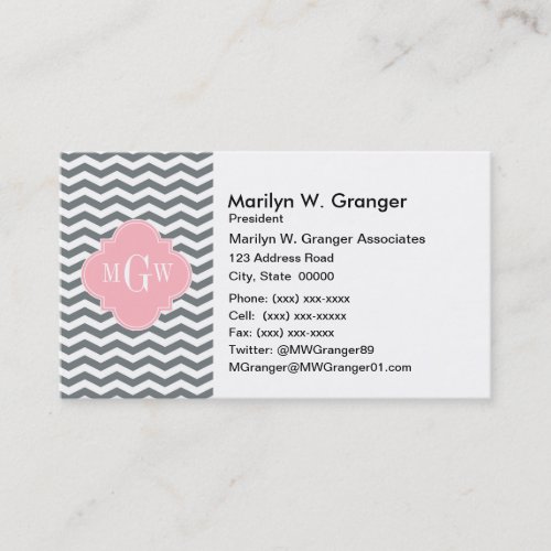 Charcoal Thin Chevron Pink Quatrefoil 3 Monogram Business Card