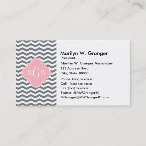 Customizable Charcoal Thin Chevron Pink Quatrefoil 3 Monogram Business Card