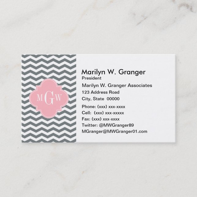 Charcoal Thin Chevron Pink Quatrefoil 3 Monogram Business Card (Front)