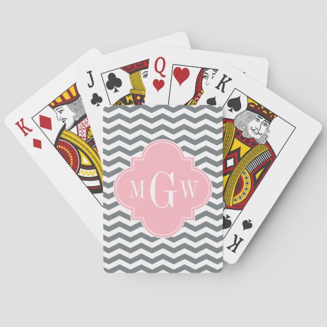 Charcoal Thin Chevron Pink Quatrefoil 3 Monogram Poker Cards (Back)