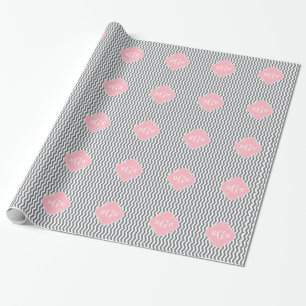 Charcoal Thin Chevron Pink Quatrefoil 3 Monogram Wrapping Paper