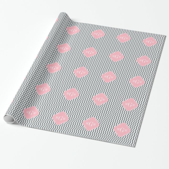 Charcoal Thin Chevron Pink Quatrefoil 3 Monogram Wrapping Paper (Unrolled)