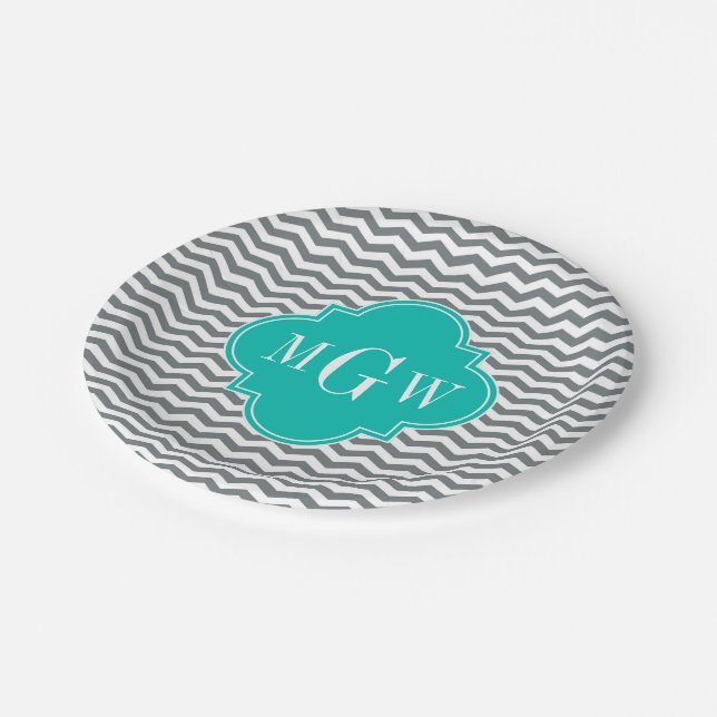 Charcoal Thin Chevron Teal Quatrefoil 3 Monogram Paper Plates (Angled)