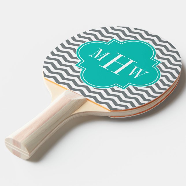 Charcoal Thin Chevron Teal Quatrefoil 3 Monogram Ping-Pong Paddle (Front Angle)