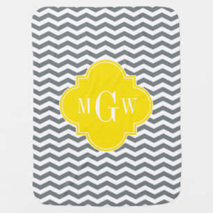 Charcoal Thin Chevron Yellow Quatrefoil 3 Monogram Baby Blanket