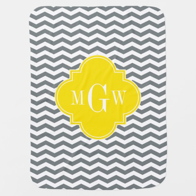 Charcoal Thin Chevron Yellow Quatrefoil 3 Monogram Baby Blanket (Front)