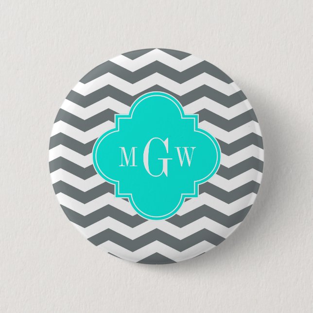 Charcoal Tn Chevron Brt Aqua Quatrefoil 3 Monogram Button (Front)