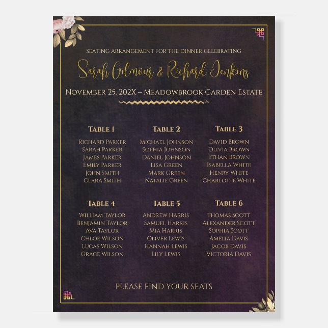 Charcoal Velvet Modern Seating Chart Foam Board (Front)