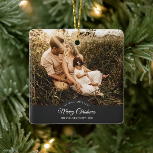 Charcoal Very Merry Christmas Family Photo Ceramic Ornament