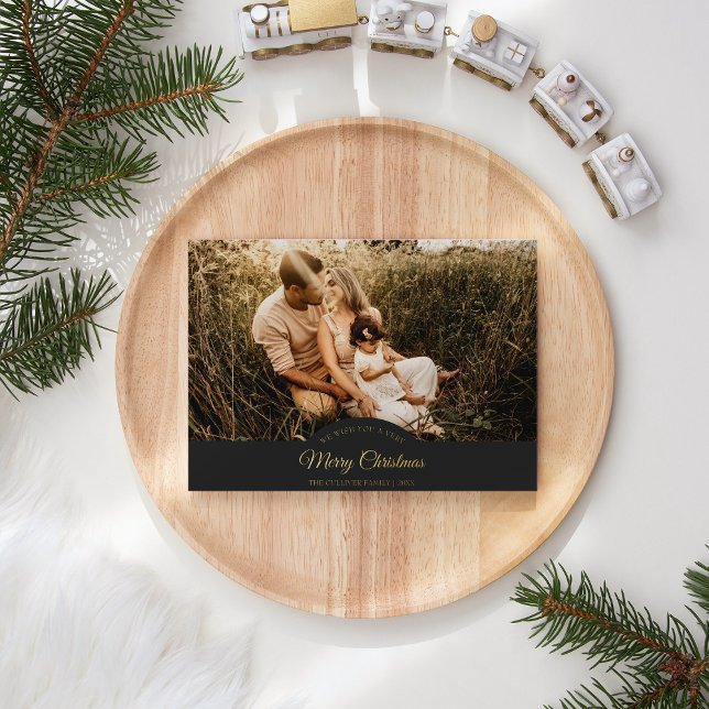 Charcoal Very Merry Christmas Four Photo Landscape Foil Holiday Card (Creator Uploaded)